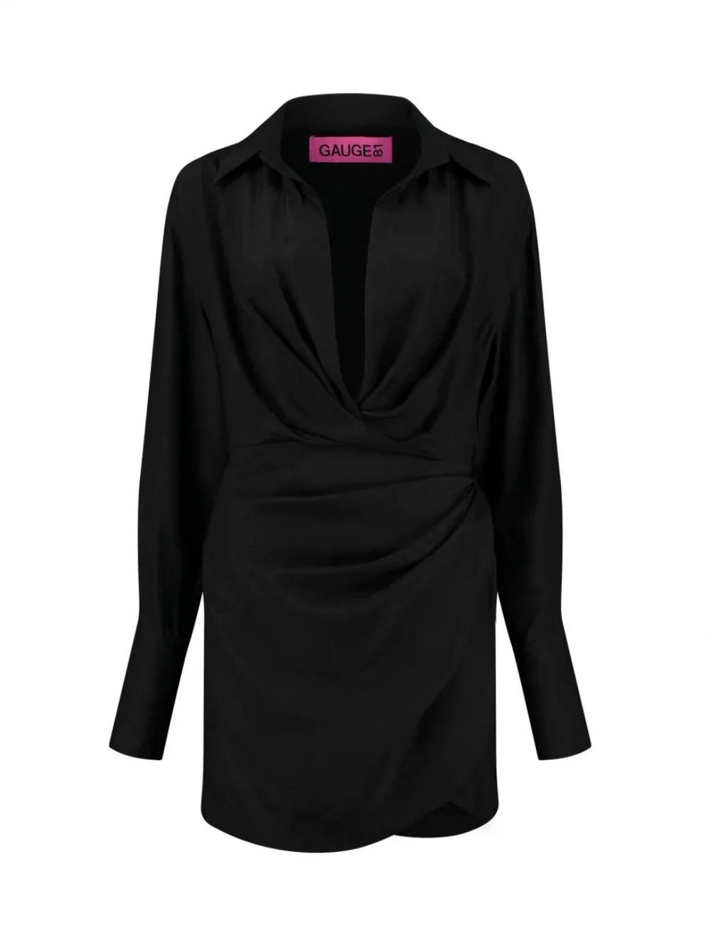 Gauge81 Naha Mini Dress 100% Silk Long-Sleeve Draped Mini Dress Deep V size L/40